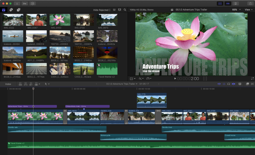 Final Cut Pro video editing software editing panel/user interface