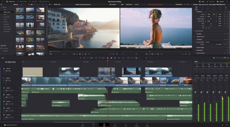 DaVinci Resolve video editing software editing panel/user interface