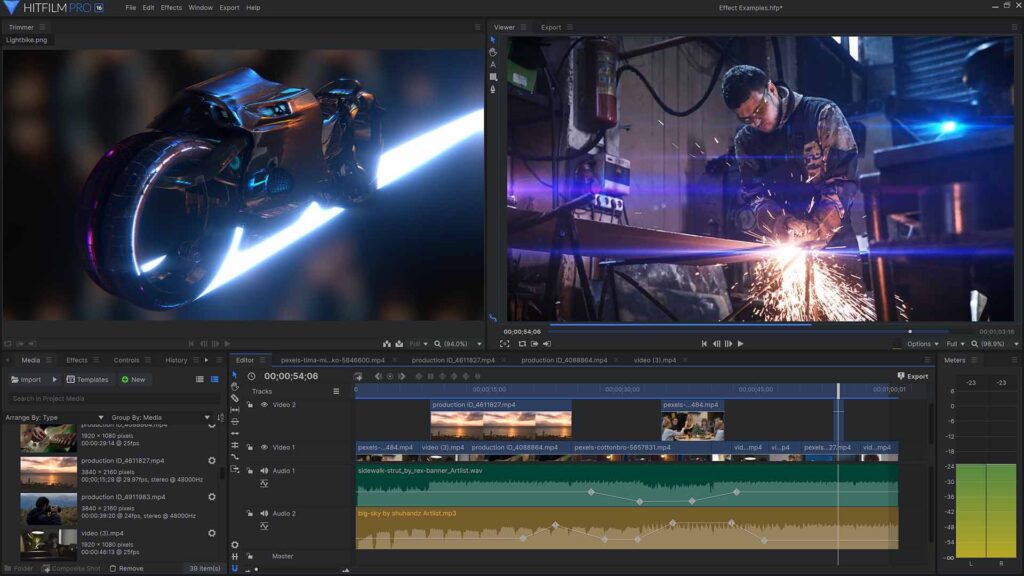 HitFilm Pro video editing software editing panel/user interface